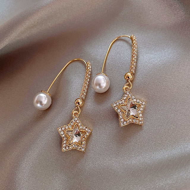 Crystal Star with Pearls Earrings in Gold