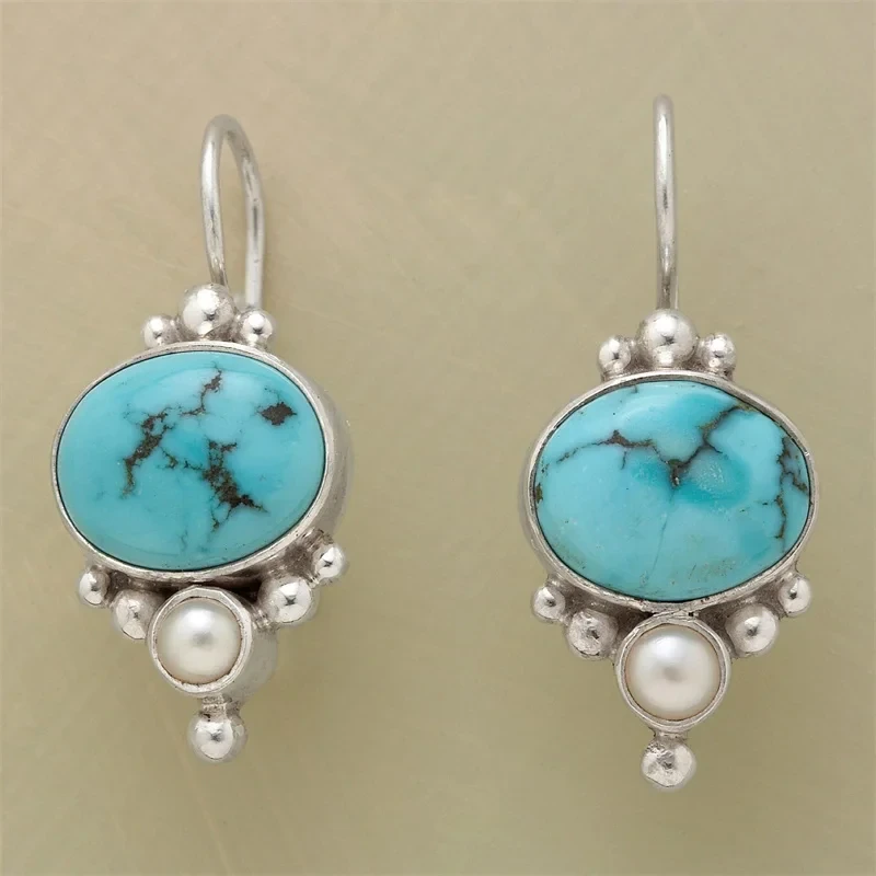 Vintage Blue Stone Pearl Earrings