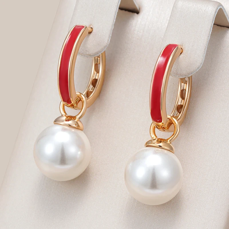 Elegant Red Enamel Pearl Earrings